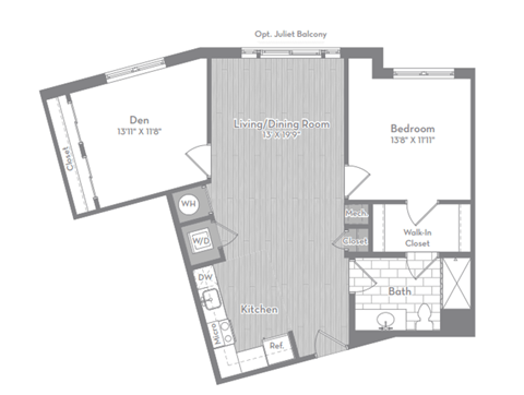 Floor plan for 2 beds, 1 bath, 835 sqft